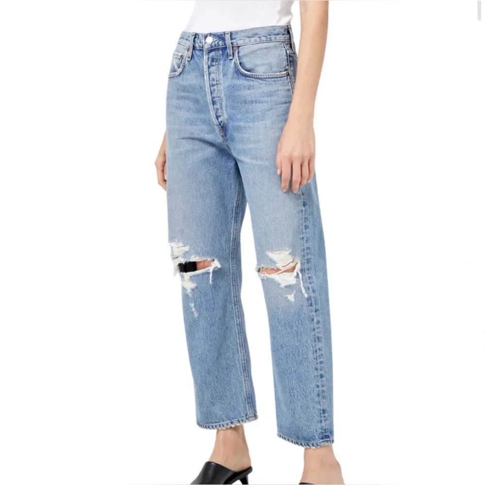 Agolde 90's Crop Mid Rise Jeans in Suspend Distressed Size 23 - Picture 2 of 7